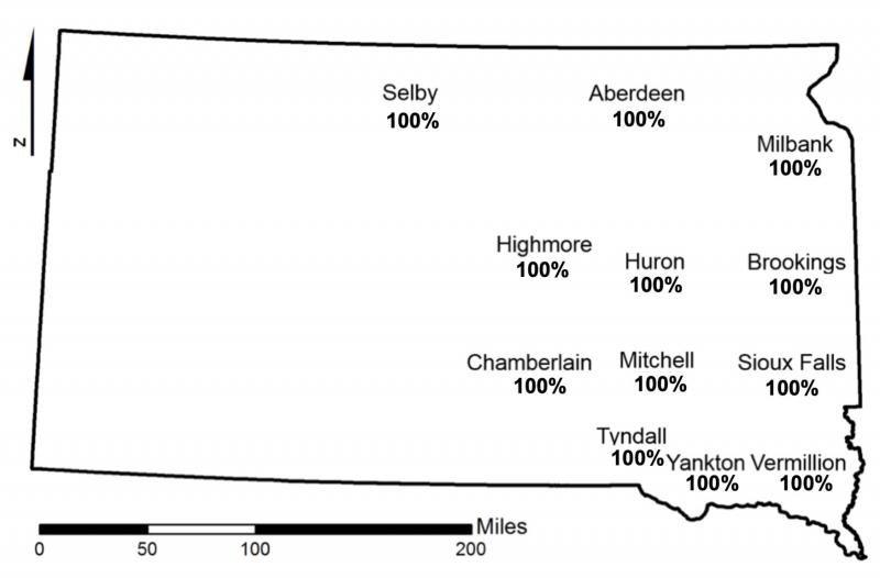 A map of South Dakota displaying the predicted bean leaf beetle mortalities based on air temperatures at or below 14° F or colder for South Dakota. The 12 locations all have 100% mortality.