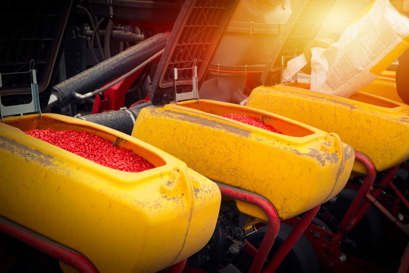 Yellow seed hoppers being filled with pink-colored corn hybrid seeds.