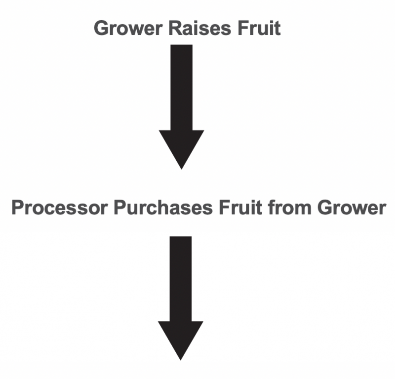 Two black arrows stacked on top of one another and pointing downward. The top arrow has the text "Grower Raises Fruit" above it. The bottom arrow has the text "Processor Purchases Fruit from Grower" above it.
