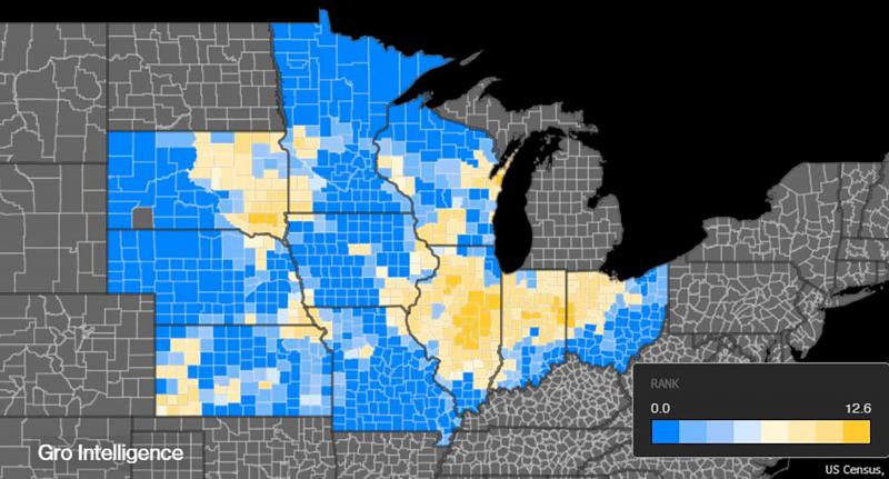 Color-coded map of South Dakota and other Midwestern states. Colors indicate a higher risk of unplanted areas in Eastern and Northeastern South Dakota.