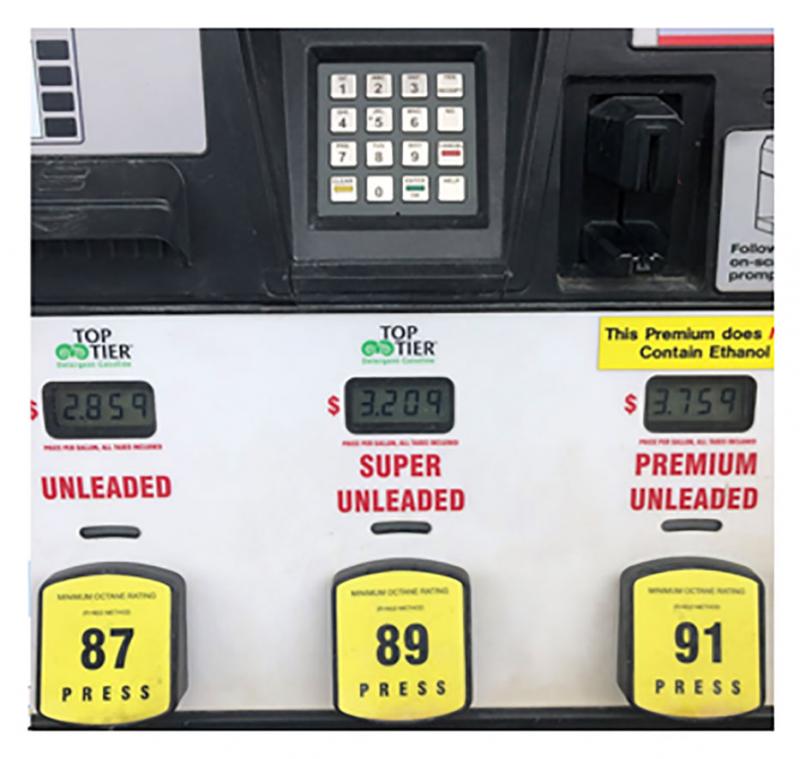 A gas pump with three fueling options: unleaded, super unleaded, and premium unleaded, which does not contain ethanol.
