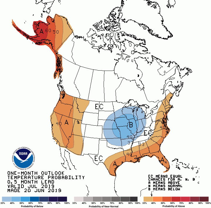 Color-coded map of the United States indicating predicted temperatures for July 2019. South Dakota is forceast to have normal to below normal temperatures.