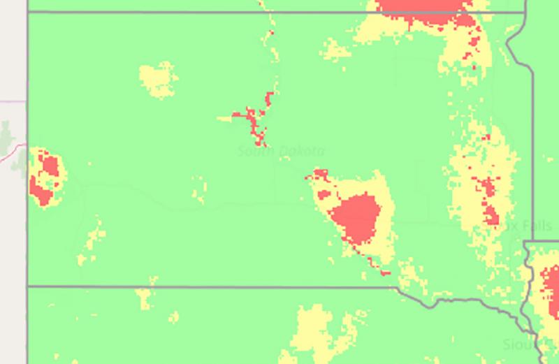 Color-coded map of South Dakota showing Fusarium head blight ristk throughout the state. Most of the map is green with some ares of activity in the Northeast and Southern half of the state and also along the Missouri River.