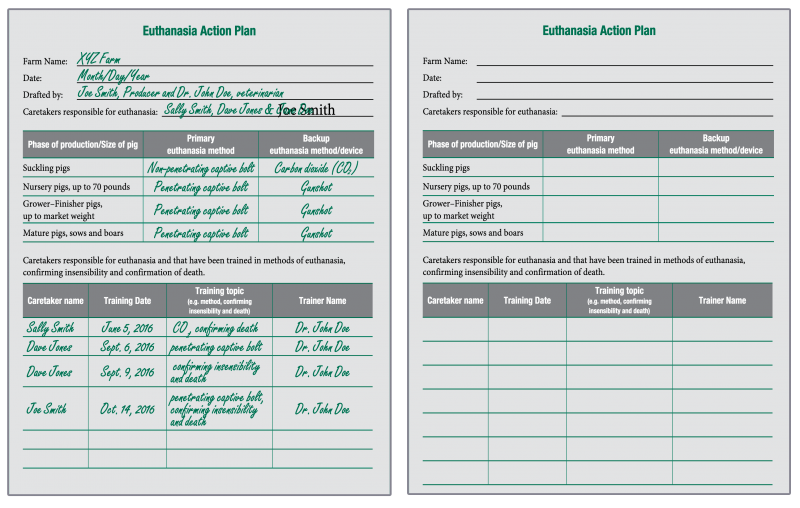 Two sample forms for a euthanasia action plan from the 2016 On-Farm Euthanasia of Swine: Recommendations for the Producer. The form on the left is filled out with sample information. The form on the right is blank.