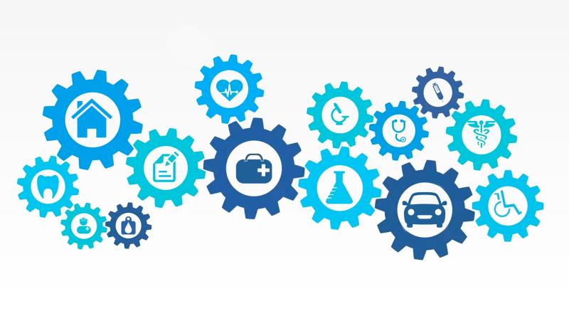 Several colored gear icons representing different categories of insurance.