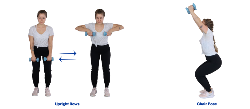 Left: A young woman demonstrating the upright row exercise. Right: A young woman demonstrating the chair pose exercise. For a complete description of the movements, call SDSU Extension at 605-688-6729.