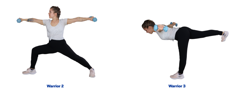 Left: A young woman demonstrating the warrior 2 pose. Right: A young woman demonstrating the warrior 3 pose. For a complete description of the movements, call SDSU Extension at 605-688-6729.
