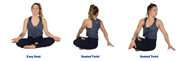 A young woman demonstrating the easy seat and seated twist yoga poses. For a complete description of the movements, call SDSU Extension at 605-688-6729.