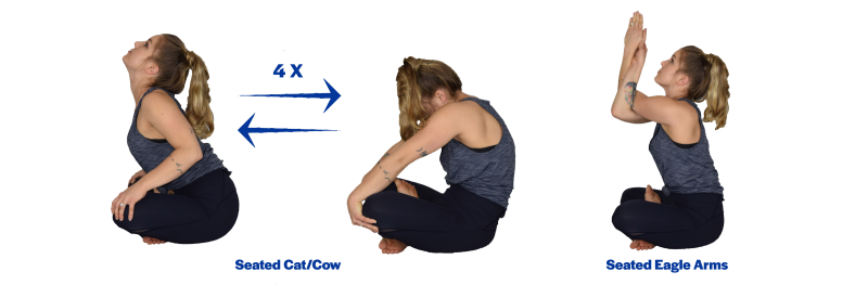 A young woman demonstrating the starting and finishing position for the seated cow-cat and eagle arms yoga poses. For a complete description of the movements, call SDSU Extension at 605-688-6729.