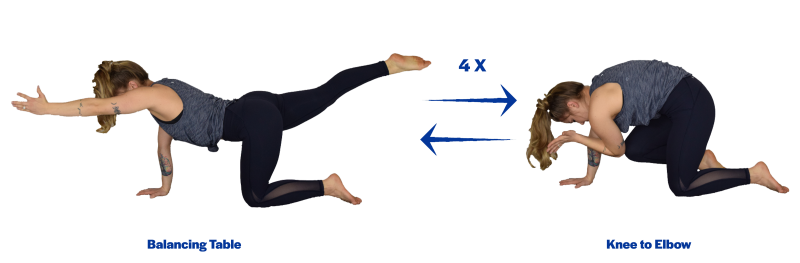 A young woman demonstrating the starting and finishing position for the balancing table and knee to elbow yoga poses. For a complete description of the movements, call SDSU Extension at 605-688-6729.