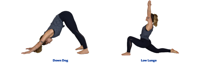 A young woman demonstrating the down dog and low lunge yoga poses. For a complete description of the movements, call SDSU Extension at 605-688-6729.