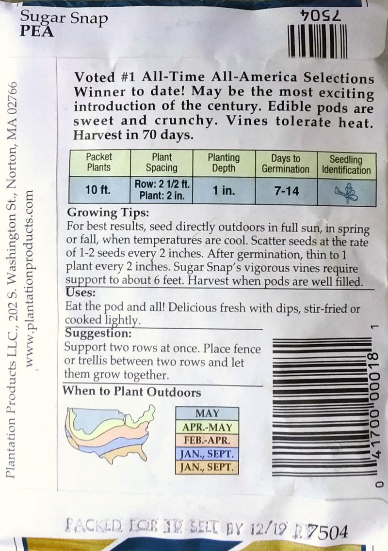 The back of a seed packet for Sugar Snap Peas.