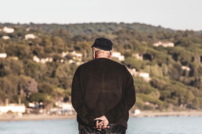 An older man with his back to the camera looking over a pond.