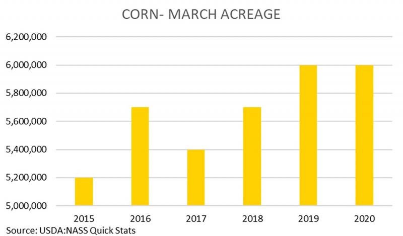 A bar graph displaying corn planting intentions from 2015 to 2016. The years 2019 and 2020 both show 6,000,000 acres. For a complete description, call SDSU Extension at 605-688-6729.