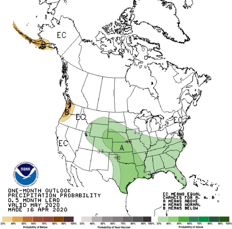 A color-coded precipitation probability map of the United States. The majority of South Dakota is predicted to have wetter than average precipitation, with the highest likelihood being in the southwest corner of the state. For a complete description, call SDSU Extension at 605-688-6729.