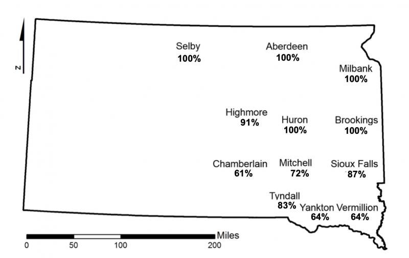 A map of South Dakota displaying the predicted bean leaf beetle mortalities based on air temperatures at or below 14 F or colder for South Dakota. The 5 of the 12 locations have 100% mortality.