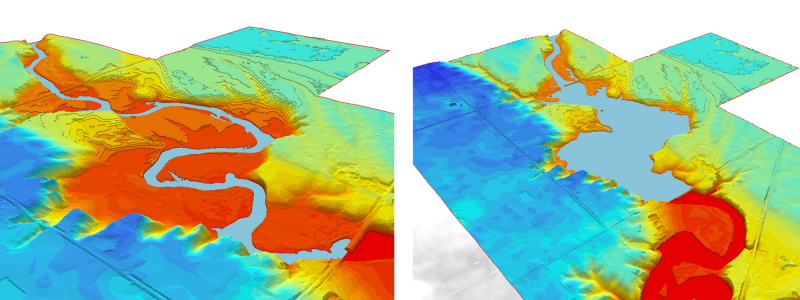 Two 3-d renderings illustrating water impacts before and after the proposed low-head dam project. The first has a narrow water channel running north to south. The second has a large resevoir where the channel used to be.