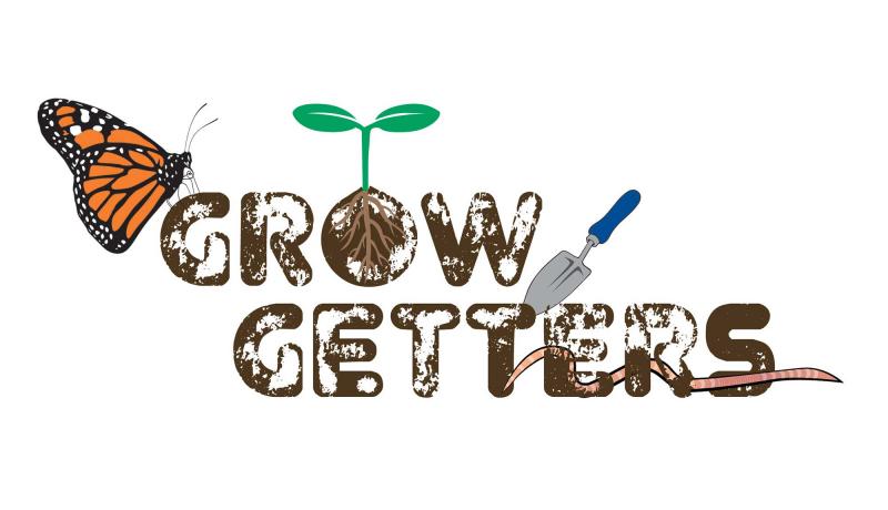 The Grow Getters wordmark. Brown, soil-stained text accompanied by a monarch butterfly, a green seedling, a blue-handled garden trowel, and a brown earthworm.