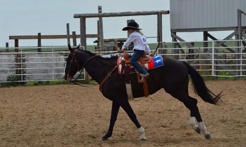 Fayth Martin riding a brown and white horse at a 4-H competition.
