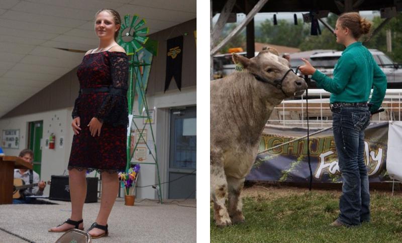 Left: Maggie DeMers showing a dress on stage. Right: Maggie with a harnessed cow at a 4-H event.