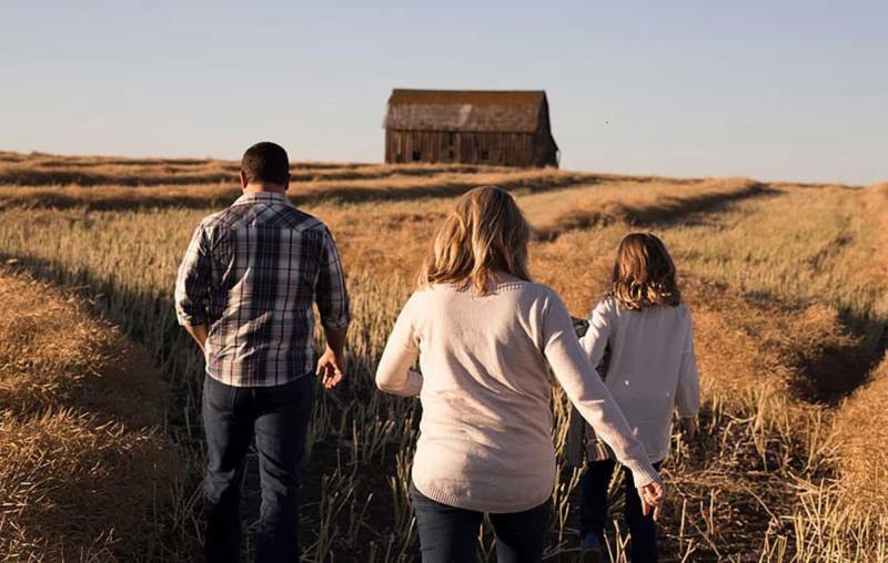 A father, mother and daughter walking in a field in the countryside.