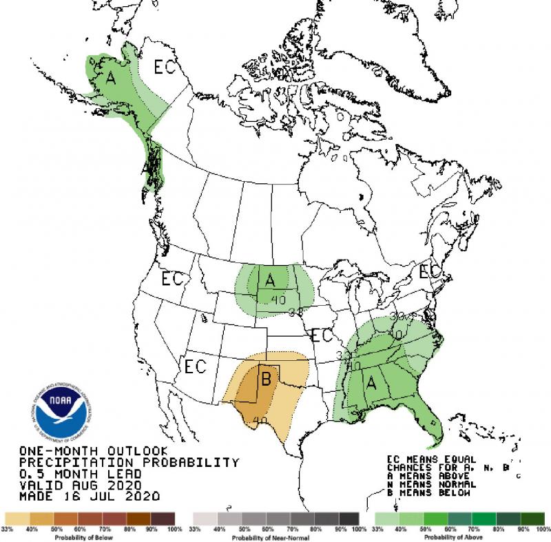 NOAA climate map with preciptation outlook as of July 12, 2020. Most of South Dakota is predicted to have average to above average precipitation.