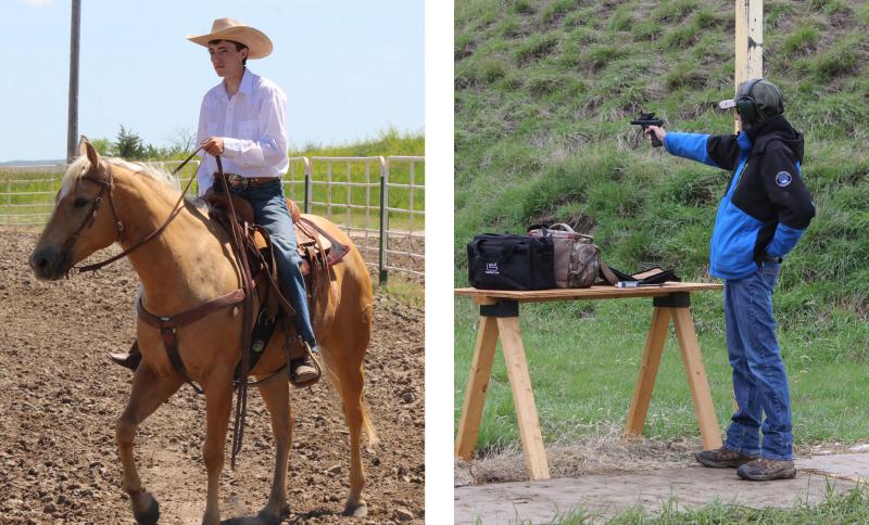 Left: Frank Huber riding a tan horse in a corral. Right: Frank Huber participating in a Shooting Sports competition.