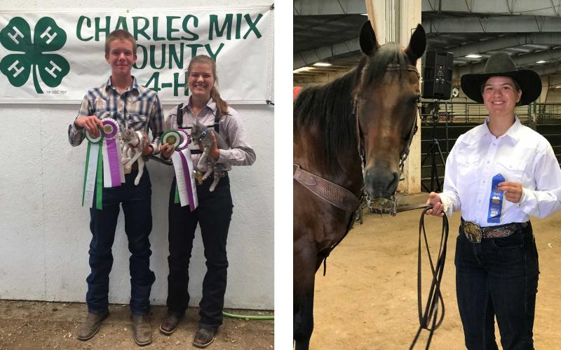 Left: Rose Eitemiller and a fellow 4-Her posing with companion animal award ribbons and their prize-winning kittens.Right: Rose Eitemiller holding a blue ribbon. She is standing next her horse in an arena.
