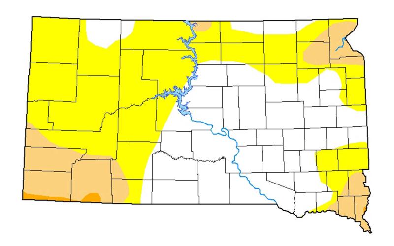 South Dakota drought map with yellow and orange indicating the severity of drought. Much of western South Dakota is covered in yellow, and there is a strip of yellow across the northern counties.