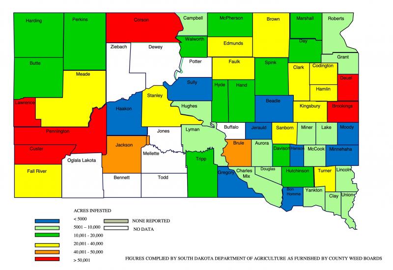 Color-coded map of South Dakota showing Canada thistle distribution in 2018. For a complete description, call SDSU Extension at 605-688-6729.