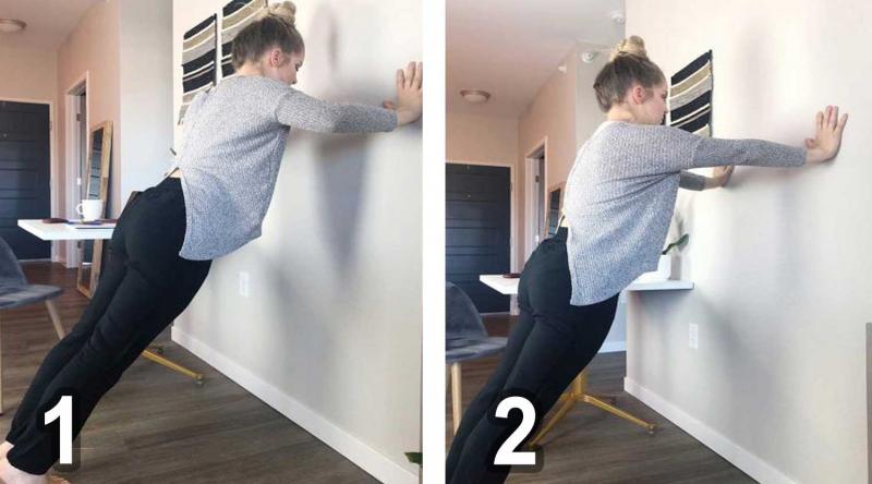 Young woman demonstrating wall push-up exercise movements. For a complete description, call SDSU Extension at 605-688-6729.