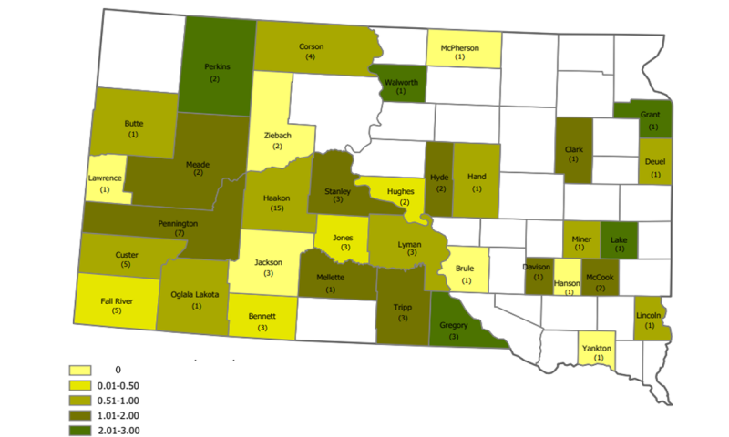 Color-coded map of South Dakota showing producers’ willingness to adopt winter patch grazing at county level. For a complete description, call SDSU Extension at 605-688-4792.
