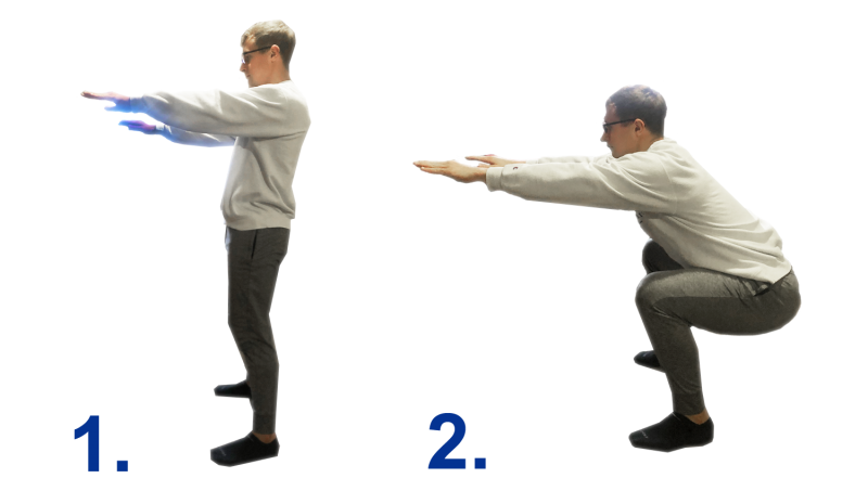 Young man demonstrating the mountain squat exercise. For a complete description, call SDSU Extension at 605-688-4792.