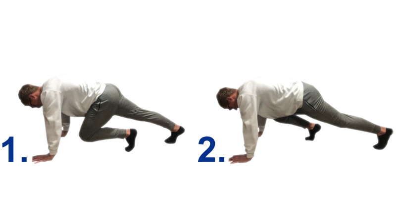 Young man demonstrating the mountain climber exercise. For a complete description, call SDSU Extension at 605-688-4792.