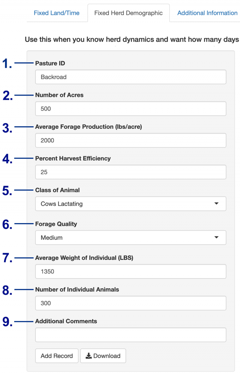 Screenshot of the Grazing Calculator's Fixed Herd Demographic tab. Fields are labeled 1 through 9.