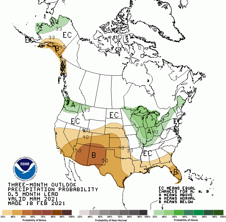 a map of North America with green and brown shading indicating an increased likelihood of drier than average conditions