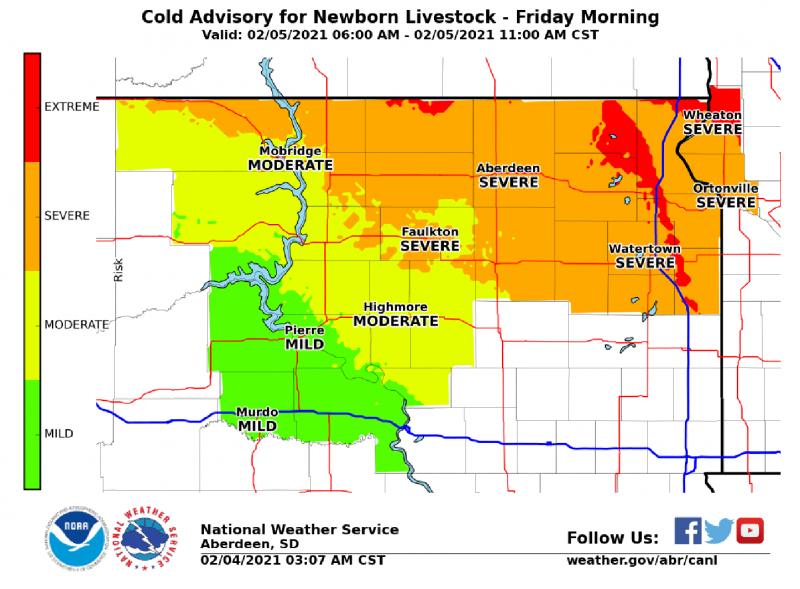 Cold Advisory for Newborn Livestock Map for Friday Morning, February 5, 2021 from 6:00 a.m. to 11:00 a.m. CST. The majority of Northeastern South Dakota is under a “Severe” cold alert.
