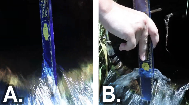 Photo demonstrating correct and incorrect measuring techniques for depth of water.