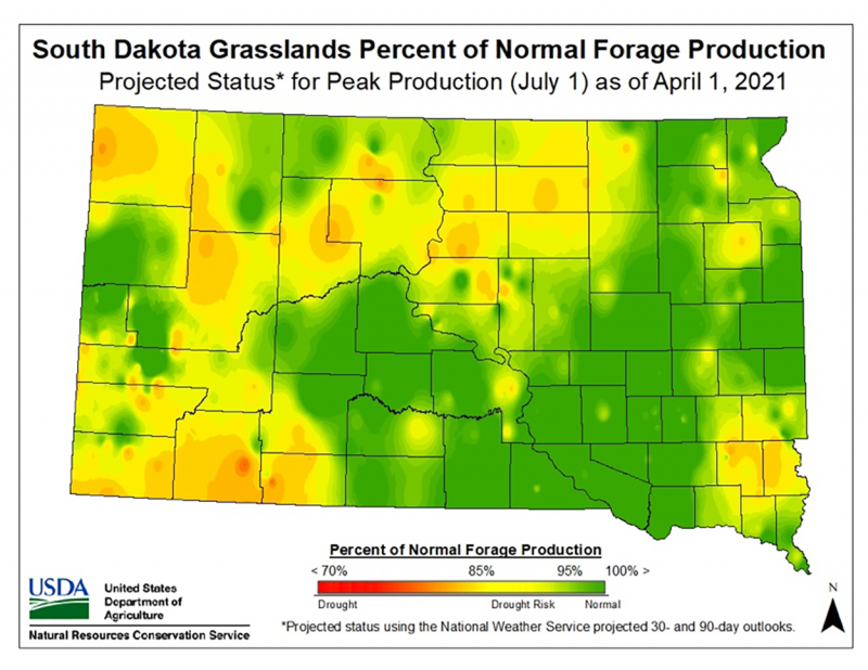 Color-coded map of South Dakota showing forage production outlook, as a percent of normal forage production. For a complete description, call SDSU Extension at 605-688-4792.
