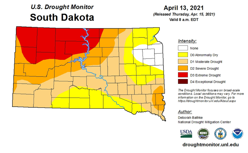 Map of South Dakota with colors indicating where drought conditions are present.
