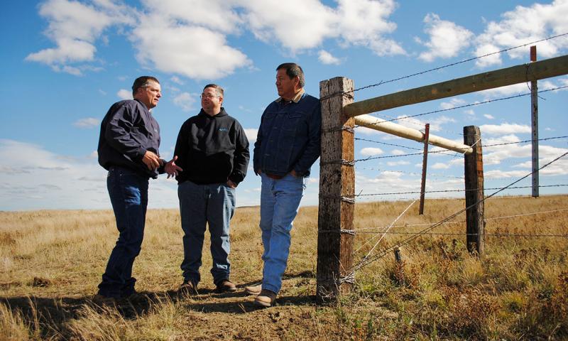 Small group of producers discussing a grassland management plan near a fenceline.