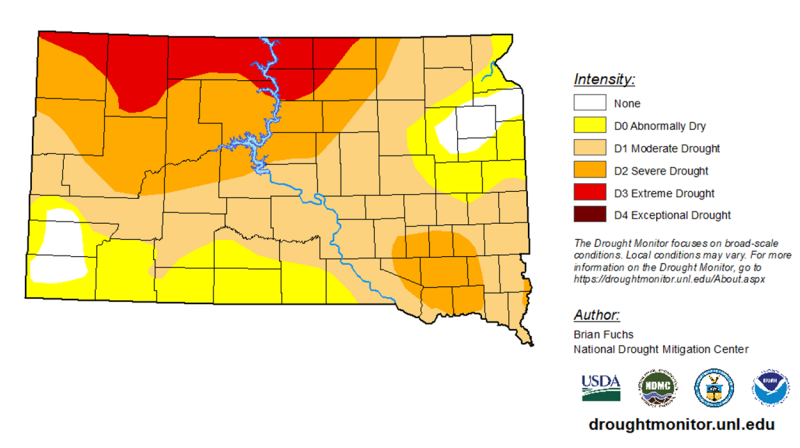Color-coded drought monitor map of South Dakota. As of June 3, Northwest South Dakota is facing extreme drought, while the rest of the state is under abnormally dry to severe drought conditions. A Small portion of the northeast has adequate moisture.