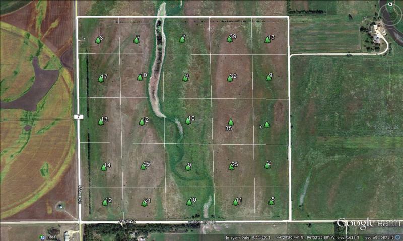 Aerial view of pastureland with a white grid indicating sections of land. There are numbers in each section indicating the total cedar tree count.