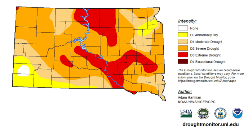 Map of South Dakota with colors indicating levels of drought.