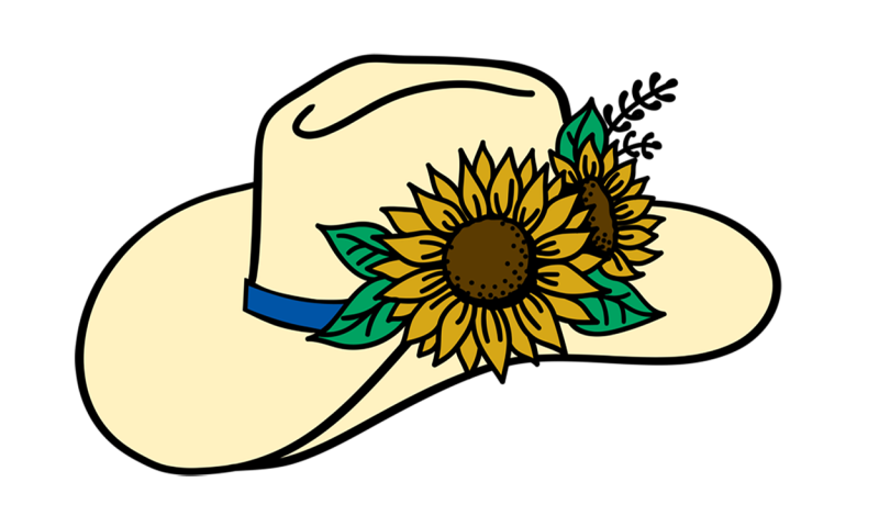 South Dakota Women on the Range Logo: A white cowboy hat with a blue band that has two sunflowers tucked in it.