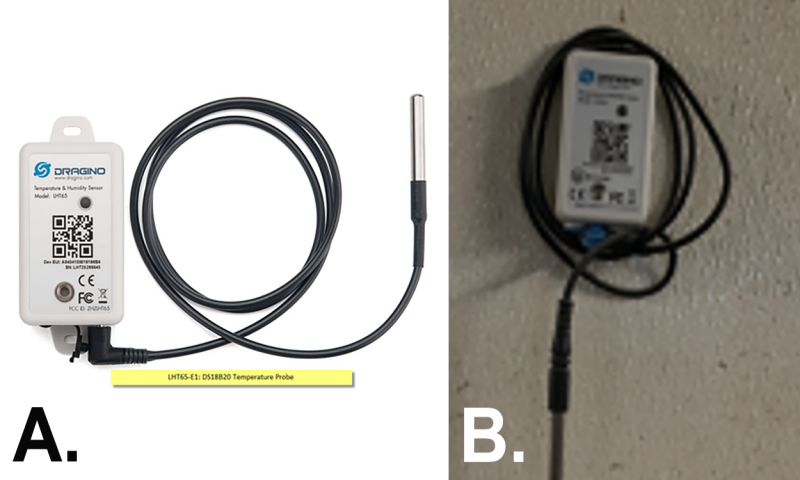Left: The Dragino LHT65 LoRaWAN T/RH Sensor unit. Right: Sensor unit mounted on the wall.