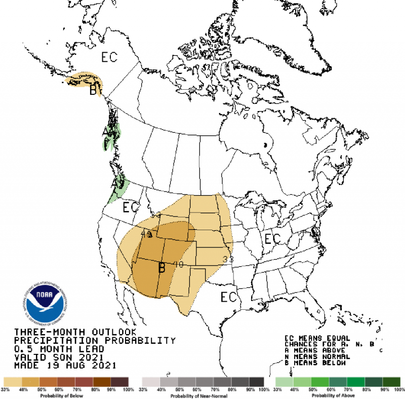 Color-coded map of the United States indicating precipitation probability for September through November 2021. Odds are leaning towards drier than average conditions in the three-month fall season.