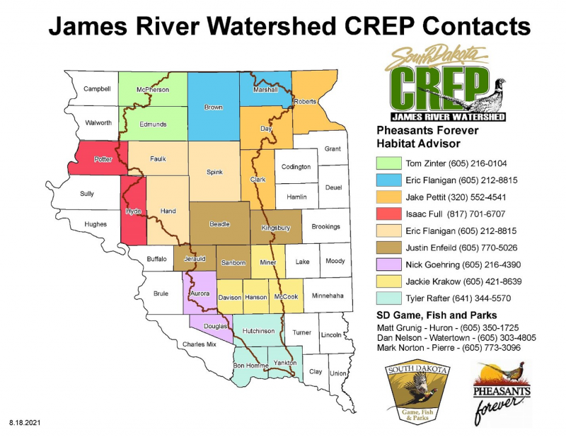Color-coded map of the James River Watershed CREP program contacts featuring Pheasants Forever Habitat advisors for a number of South Dakota counties. For assistance in locating a contact, call SDSU Extension at 605-688-6729.