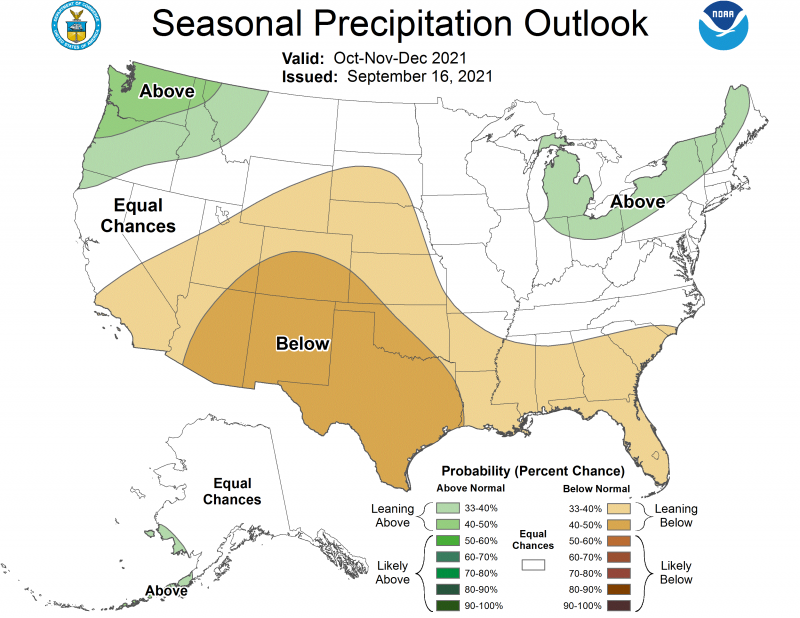 Color-coded map of the United States showing Precipitation outlook for October to December 2021.