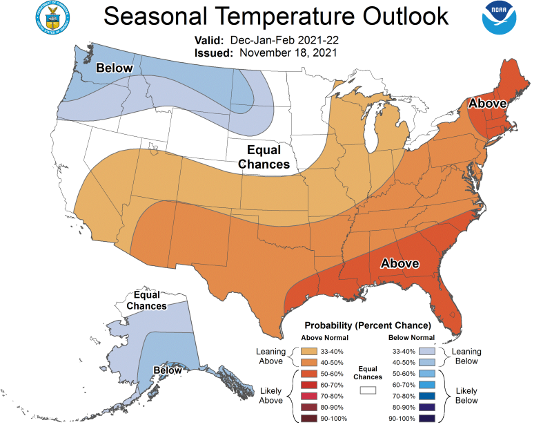 Color-coded map indicating seasonal temperature outlook for the United States from December 2021 to February 2022. For an in-depth description of this graphic, call SDSU Extension at 605-688-4792.